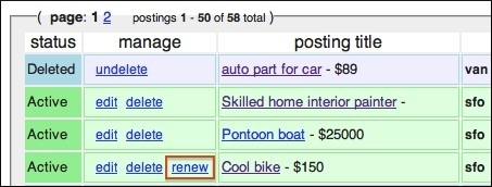 Page containing the options to renew a Craigslist post highlighting the 