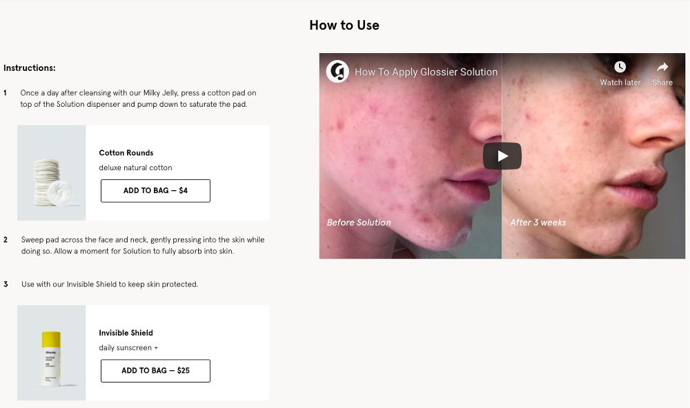 Glossier用图片和视频展示了如何使用护肤产品来达到预期效果的一步一步的说明。
