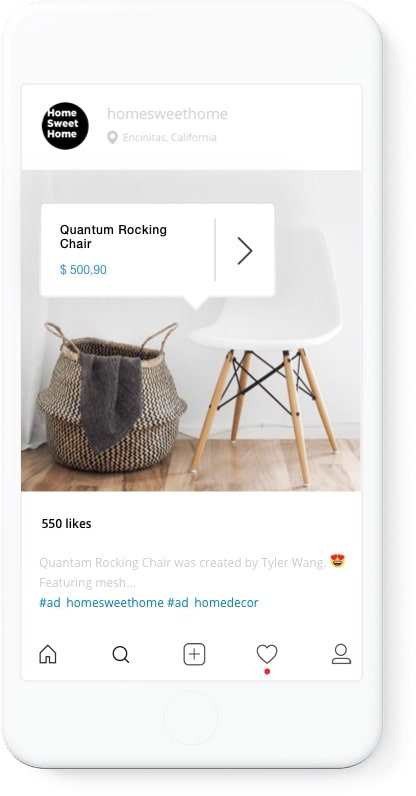 一款智能手机展示了一个以摇椅为特色的Instagram购物帖子示例。