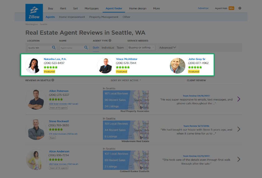 Example of Zillow Premier Agent Agent Finder advertising for three featured agents.