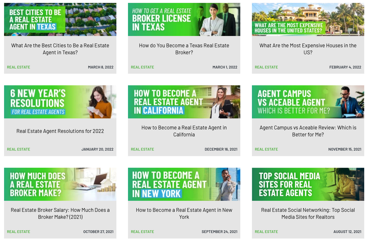 360training Agent campus with recent blog articles and real estate topics.