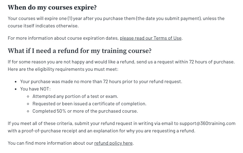 360training course expiration policy and refund policy.