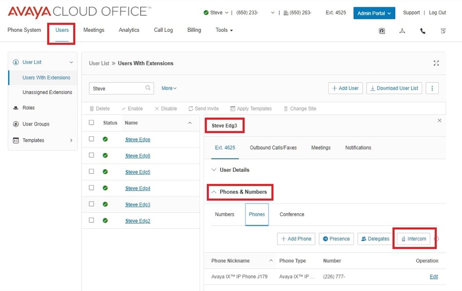 Screenshot of Avaya's Cloud Office User List and intercom activation.