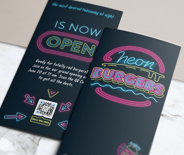 An example of a brochure for a burger joint with a QR code along with the text 