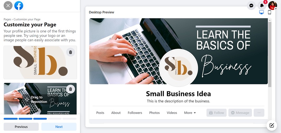 在Facebook商业页面上的个人资料图片和封面图像的示例。