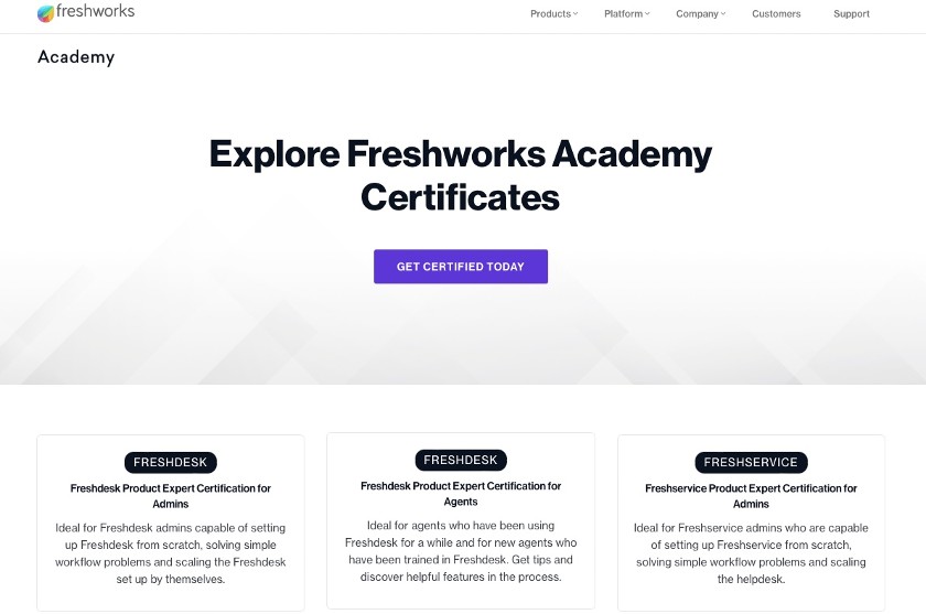 The Freshworks certifications page of Freshworks Academy.