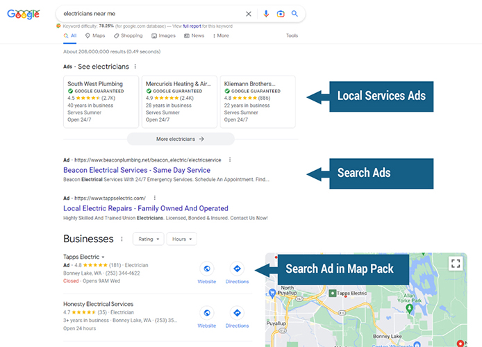 谷歌本地服务广告和谷歌广告在搜索和地图结果的例子