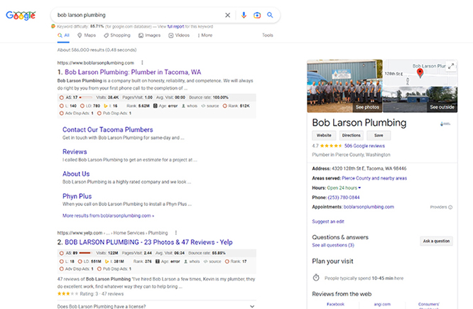 一个在谷歌搜索结果页面上显示的谷歌商业档案的例子