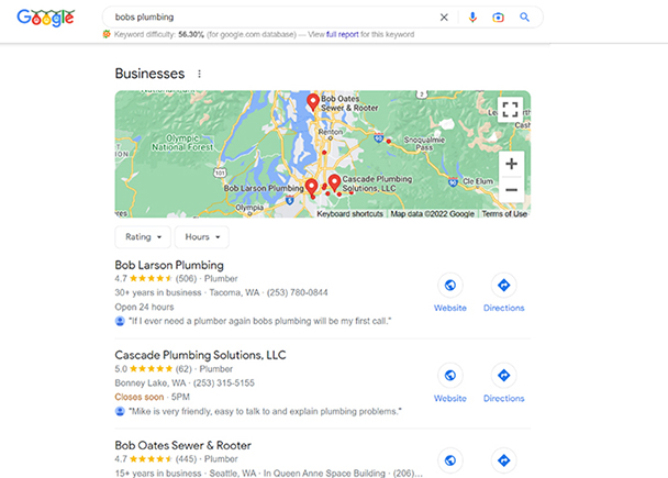 在Google地图包搜索结果中显示的Google业务概要的示例