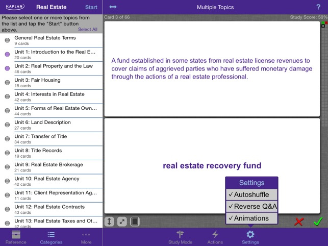 Example of Kaplan's real estate term flashcard on its online course platform.