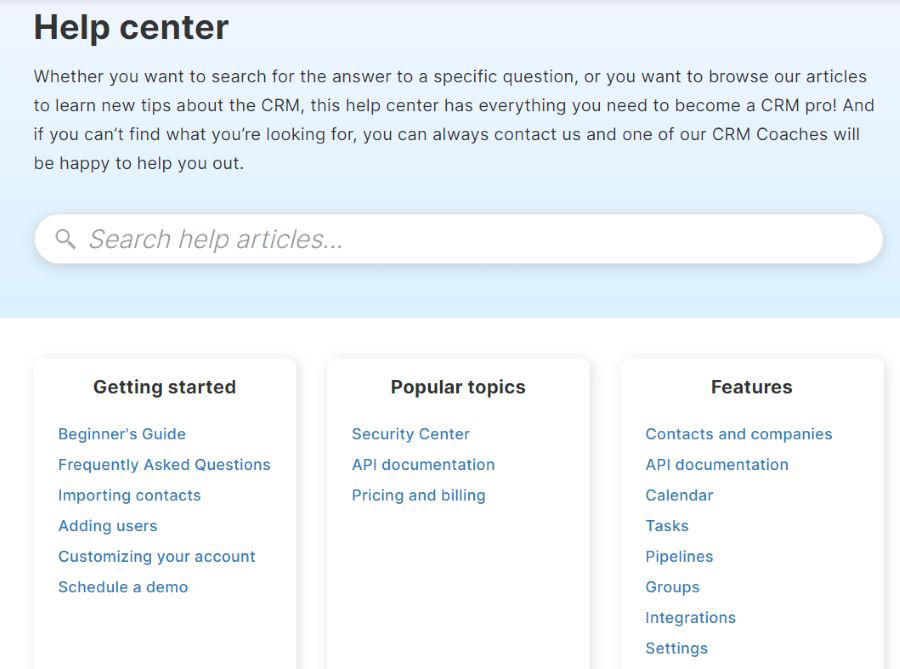 Screenshot of Less Annoying CRM's Help Center.