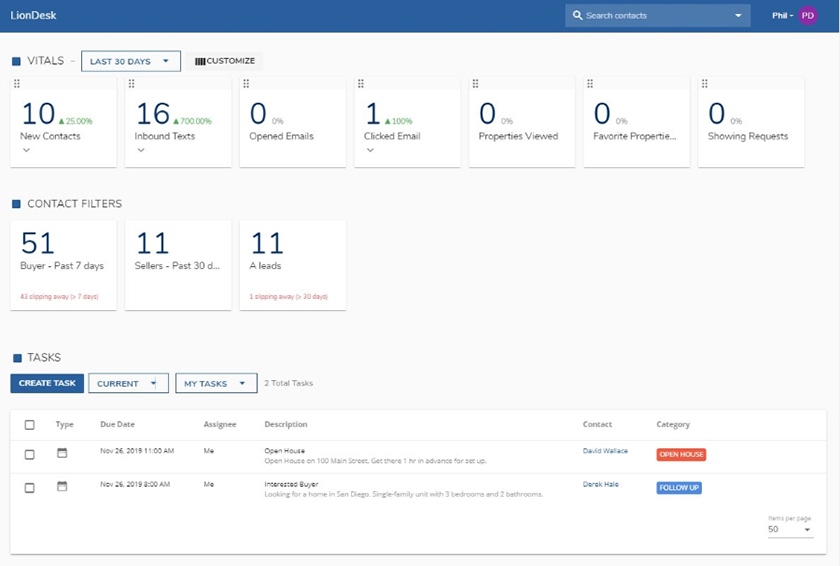 LionDesk CRM interface showing 