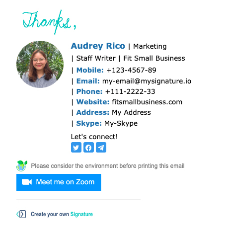 Example of an email signature made with MySignature's free email signature generator.