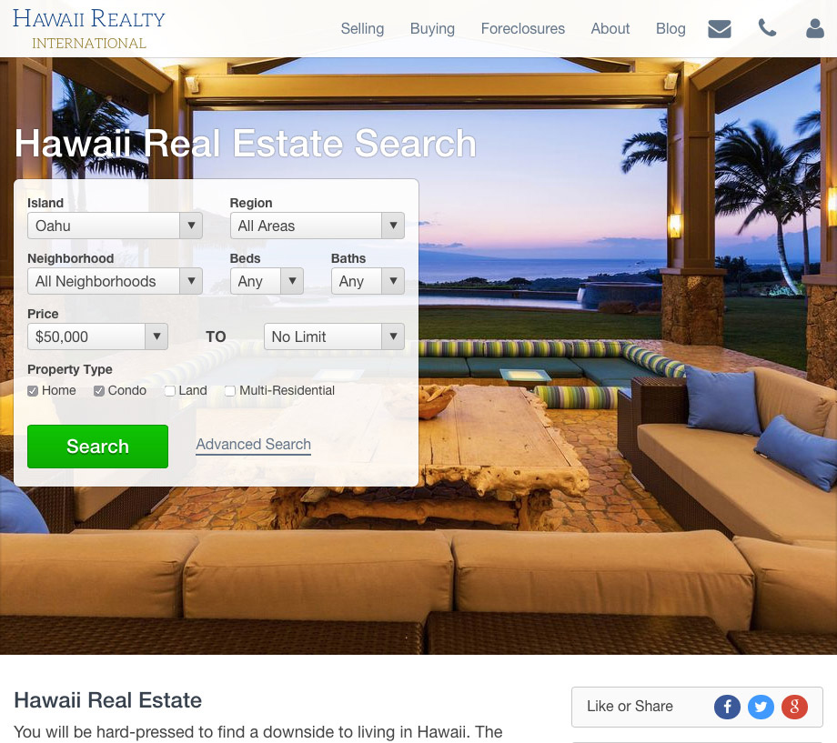样本真正的极客网站与网站标题“夏威夷房地产国际”。