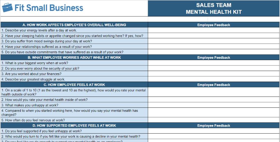 Screenshot of Fit Small Business' Sales Team Mental Health Kit titled. 