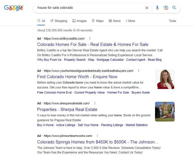 Search results page showing real estate ads when searching 