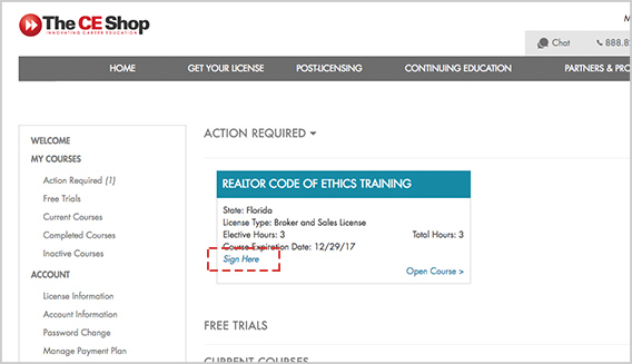 The CE Shop online learning platform highlighting the Action Required tab.