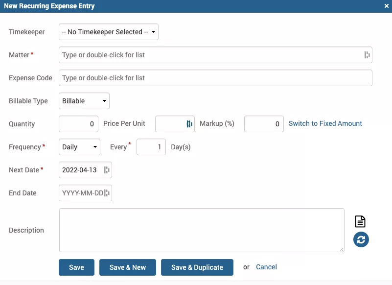 Screen where to record a new recurring expense entry in TimeSolv.