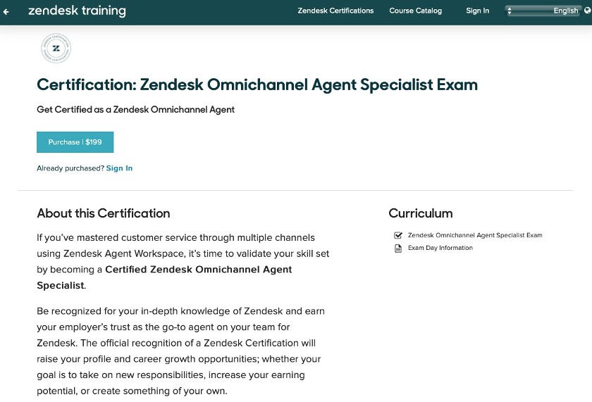 Zendesk Omnichannel Agent Specailist curriculum information.