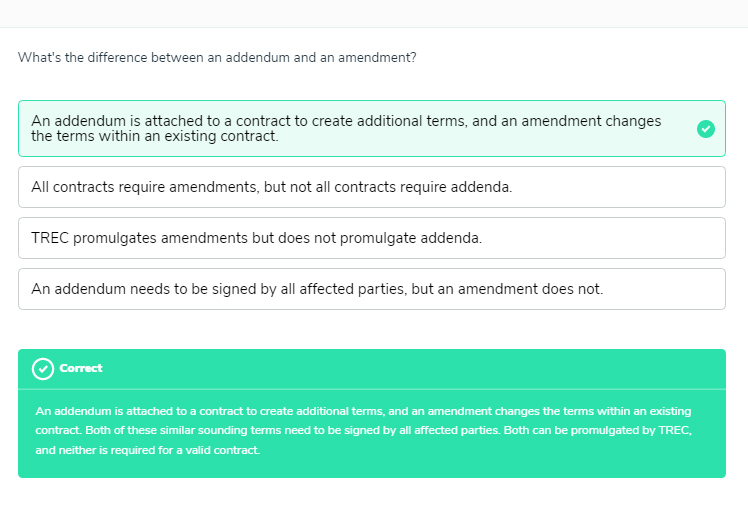 Sample pop-up question with answer explanation on Aceable Agent's online platform.