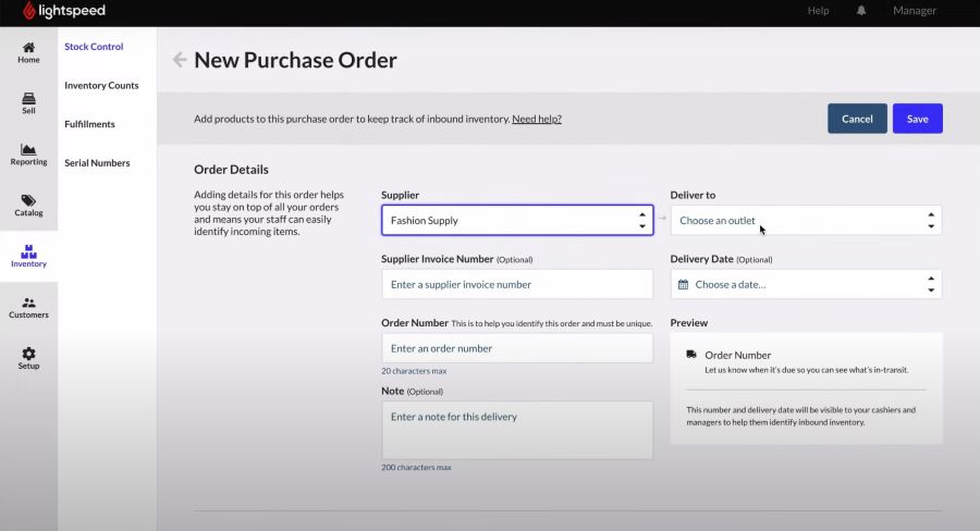 Screenshot of creating a new purchase order in Lightspeed Retail with blank default fields.