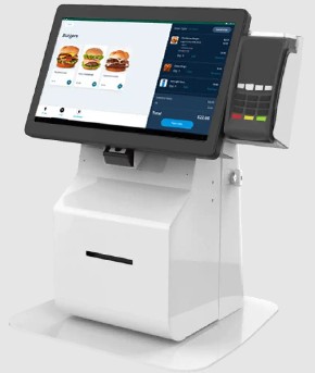 White SpotOn touchscreen self-service kiosk with built in card reader and receipt printer.