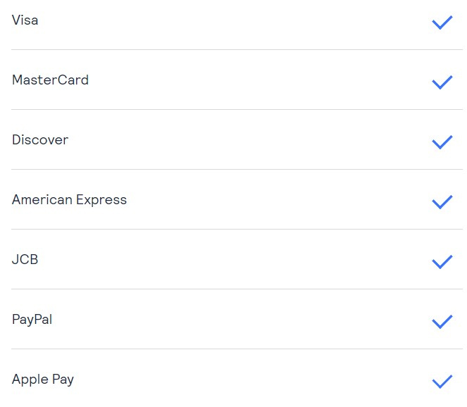 Screenshot from Authorize.net showing the different in-person payment types it can accept.
