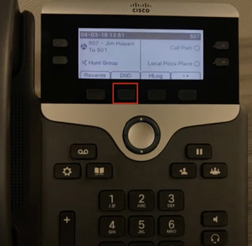 Image of a Cisco 7841 with a red box showing the how to set the do not disturb feature.