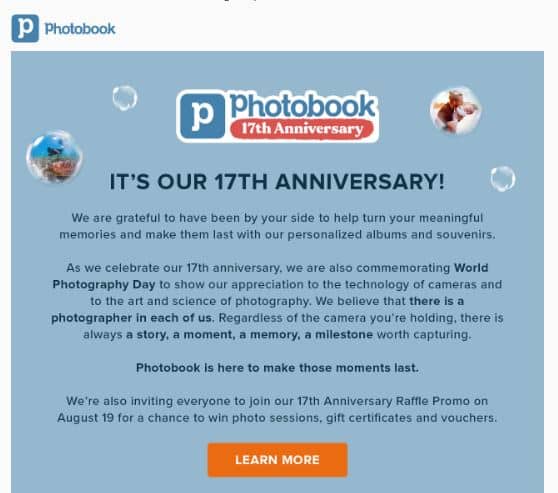 Screenshot of Photobook milestone email celebrating their anniversary