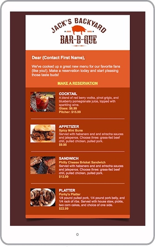 一封雷竞技app来自一家烧烤店的营销电子邮件，上面有一个标志，开头一行是呼吁预订的行动，还有一些菜单项。