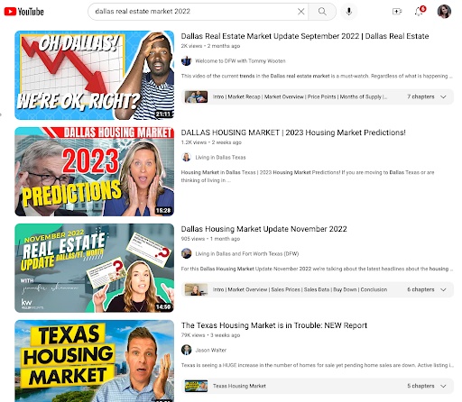 YouTube video search results with example keyword 