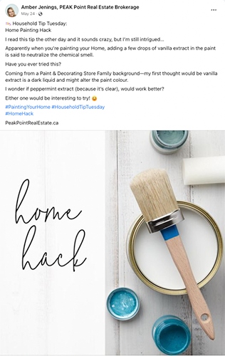 Facebook post with a house hack tip about painting