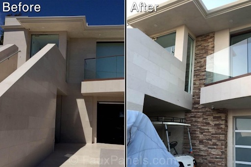 Before and after adding faux brick panels to a stucco house