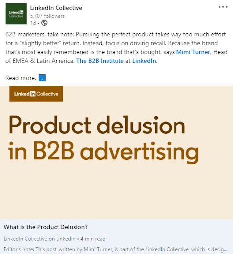 LinkedIn post of an article link on B2B advertising