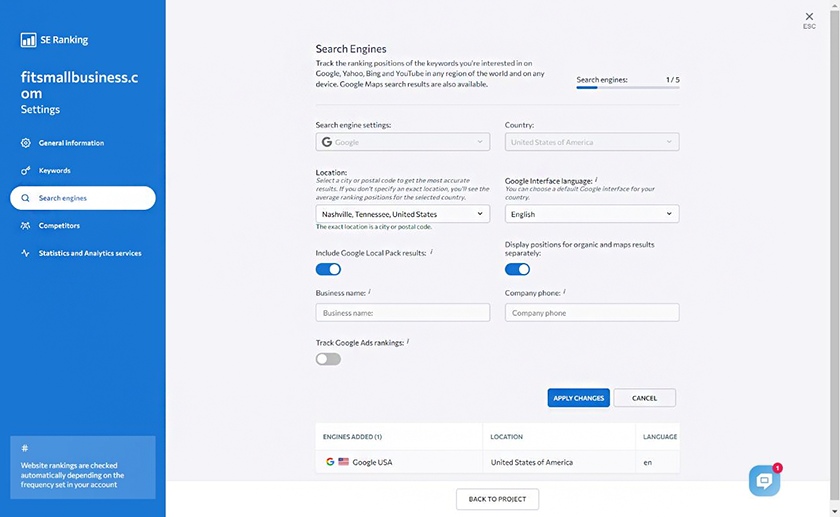 SE Ranking local web traffic settings