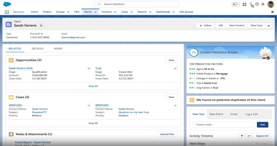 Screenshot of Salesforce's Clients tab featuring Einstein's automated predictions.
