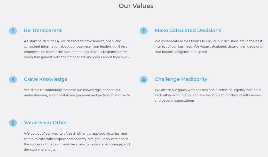 来自科技咨询网站的五个核心价值观。