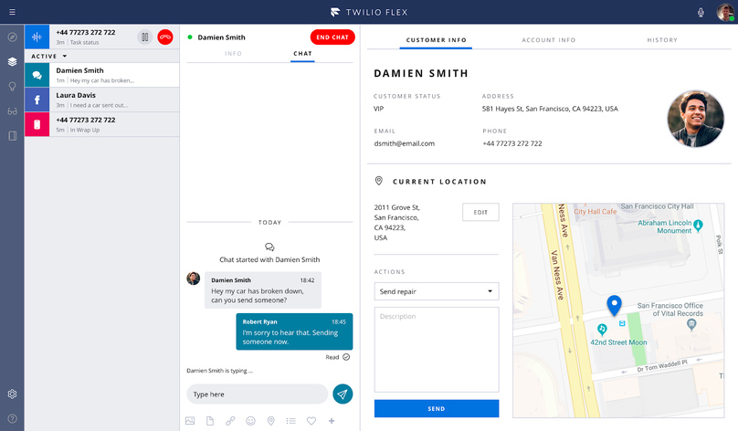 Twilio Flex interface displaying a customer profile and an ongoing chat conversation with the customer.