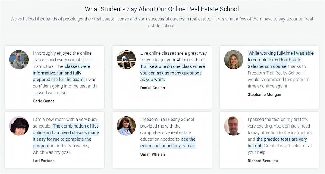 Student reviews from Freedom Trail Realty School.