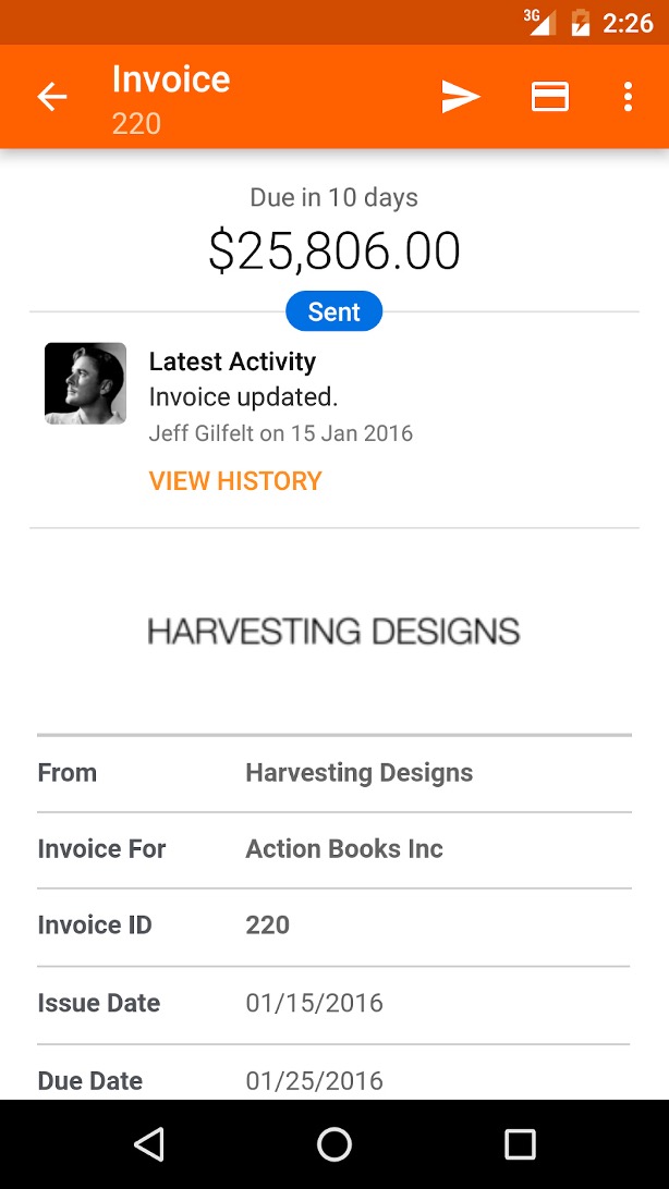Harvest invoice tab showing invoice activity.