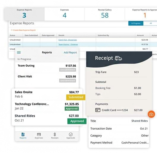 显示Paylocity的费用管理工具的报告和跟踪功能的快照。