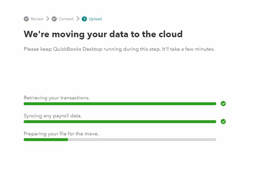 Screen showing the progress of data migration from QuickBooks Desktop to QuickBooks Online