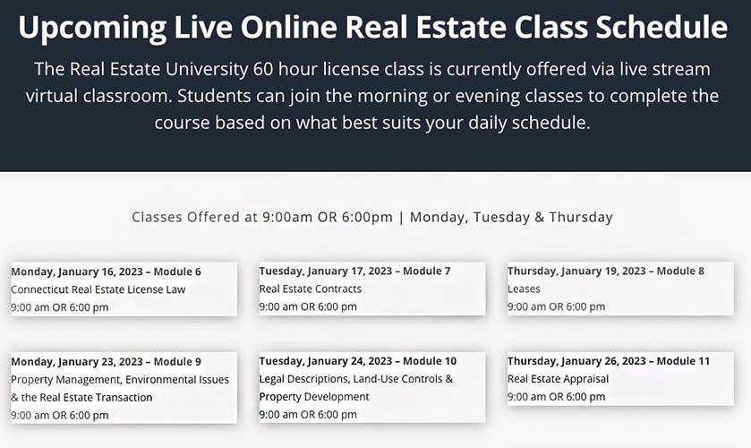 Real Estate University schedule titled 