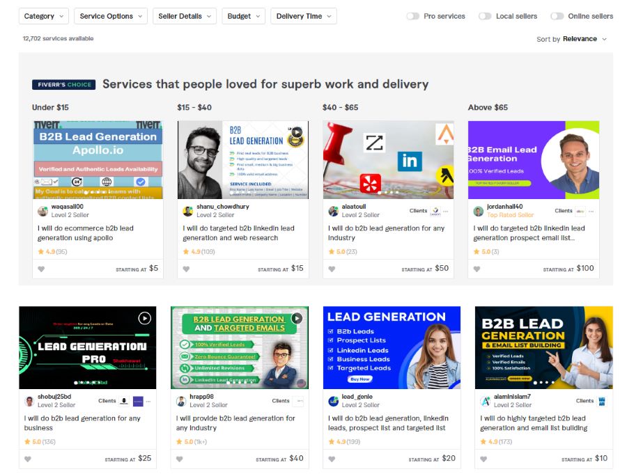 A screenshot of lead generation services providers on Fiverr.