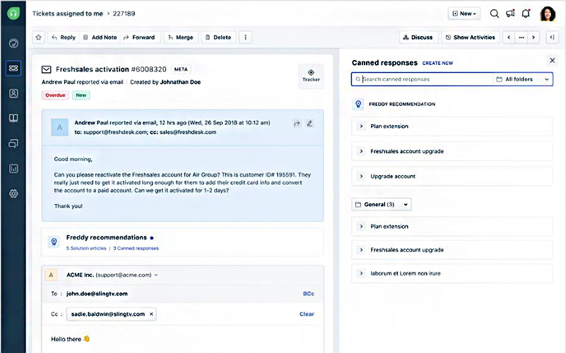 A screenshot showing examples of Freshdesk's canned email responses to customer inquiries