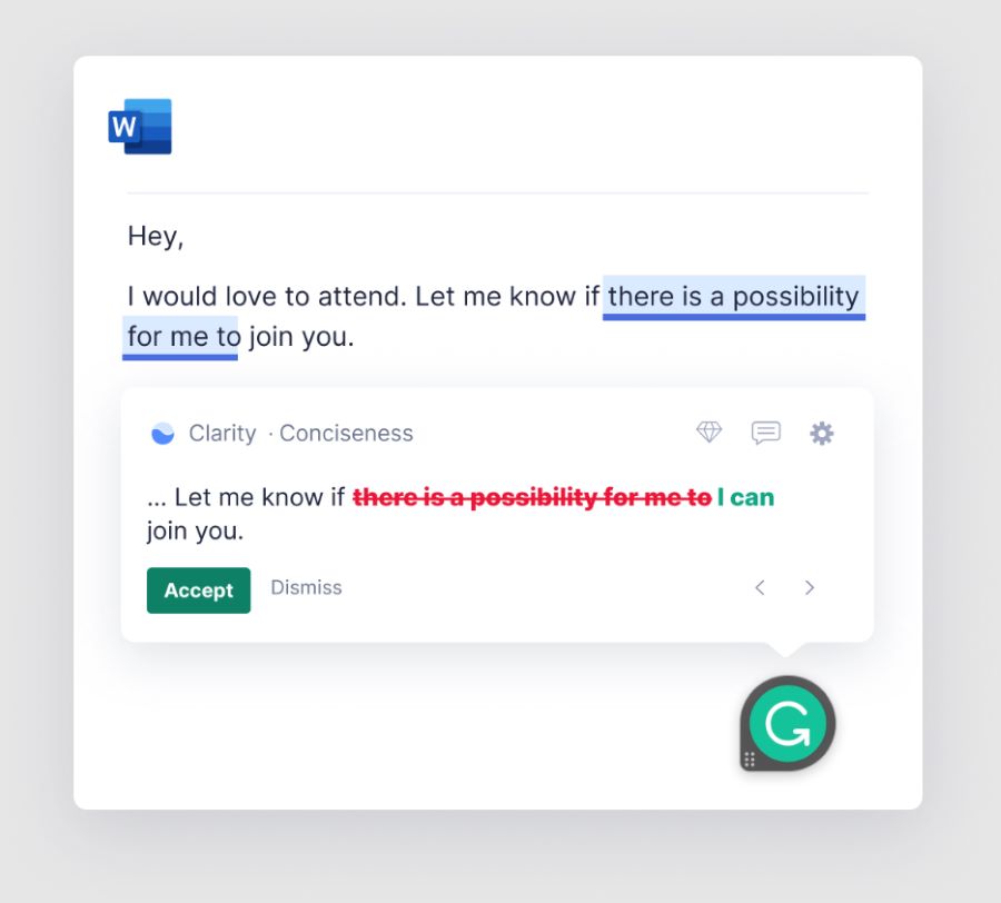 A screenshot showing an example of Grammarly Business' in-line writing suggestion