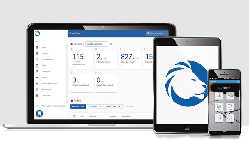 LionDesk's online platform as seen on multiple mobile and desktop devices.