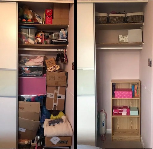 Before and after of a messy then clean closet.