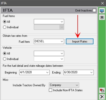 Screen where you can import IFTA tax rates from current or any quarter in Q7.