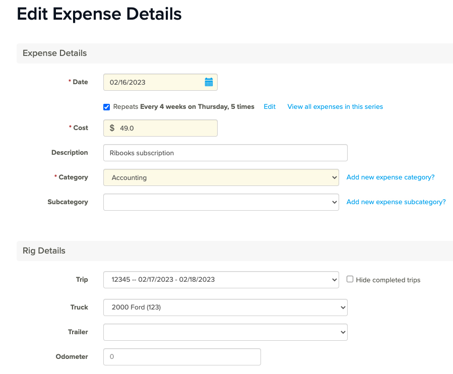 Screen where you can enter new expense in Rigbooks, including setting recurring expenses.